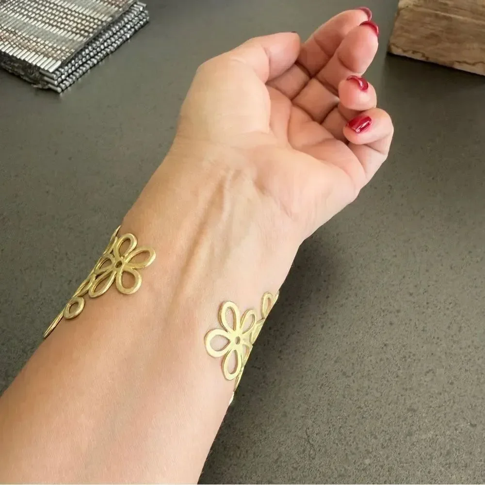 Elegant Gold Tone Floral Open Cuff Bracelet